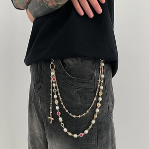 Hip-hop layered gold chain belt with colorful rhinestones and cross pendant for men
