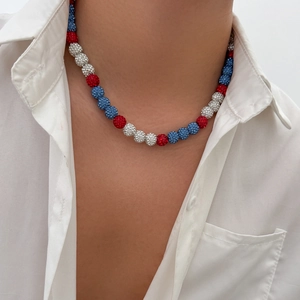 Men's necklace with red white and blue pave disco ball beads for a stylish statement