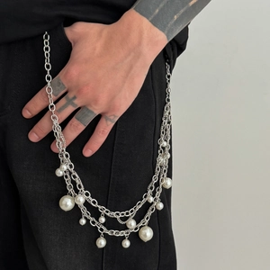 Men Hip Hop Multi Layer Metal Trousers Chain With Imitation Artificial Pearl Silver Alloy Iron Waist Chain For Jeans Streetwear Jewelry