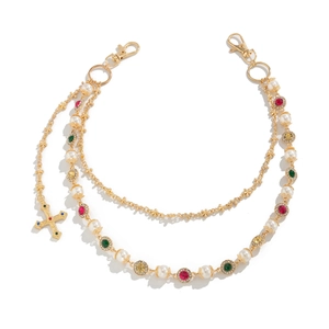 Baroque multi-layer chain with pearls, colorful gems and a crystal cross pendant