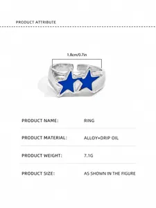 Detail view of silver alloy star ring with blue drip oil showing weight and size specs