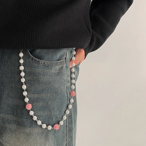 Chaîne de taille à billes strass argent et rose pour jeans et style hip-hop