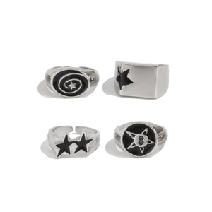 Set di anelli hip hop da uomo argentati con anello a sigillo 8-ball e stelle