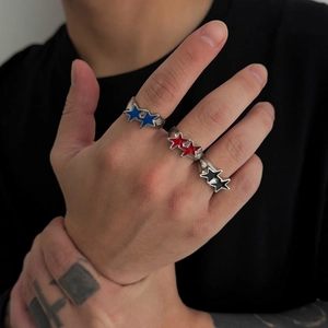 Hip Hop Double Star Enamel Open Ring For Men Alloy Drip Oil Pentagram Adjustable Ring Vintage Streetwear Jewelry Gift
