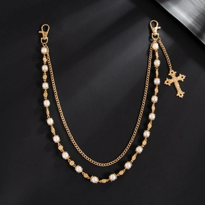 Double-layer gold trousers chain with pearls, flower spacers and a hollow cross pendant