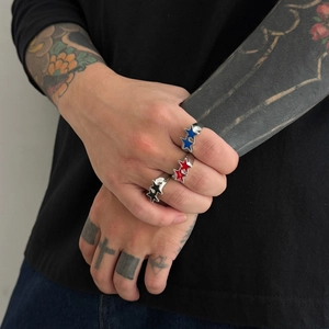 Three-piece set of hip hop star rings for men in red, blue, and black enamel finishes