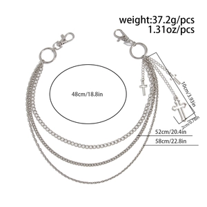 Three-layer metal pants chain with silver cross pendants and size measurements