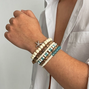 Bohemian multilayer coconut shell beaded bracelet set with silver starfish charm for men