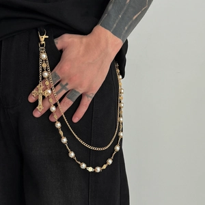 Hip Hop Double Layer Metal Pant Chain With Faux Artificial Pearl Cross Pendant For Men Women Vintage Gold Silver Waist Chain