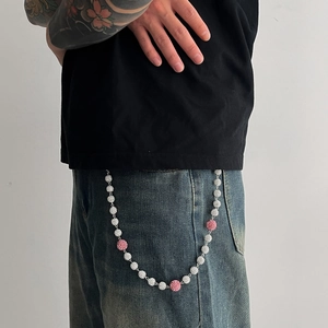 Chaîne de pantalon hip hop avec boules de cristal blanches et roses sur lien argenté