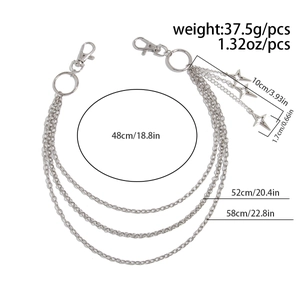 Detail view of silver multi-layer metal pants chain with star charms and dimensions