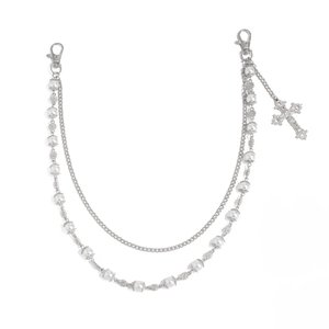 Mens hip hop multi-layered trouser chain with pearls and sparkling cross pendant accessory