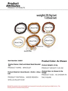 Dettagli del set di 6 bracciali stile boho con perline in legno e conchiglie vere