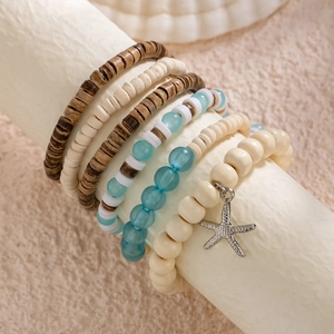 Bohemian multilayer coconut shell beaded bracelet set with starfish charm for men