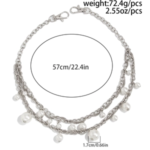 Detail view of multi-layer silver pants chain with pearls and dimension specifications