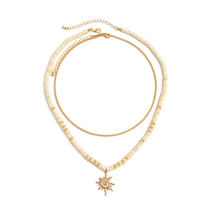 Mens bohemian double-layer necklace with cream beads and gold sun pendant on white background