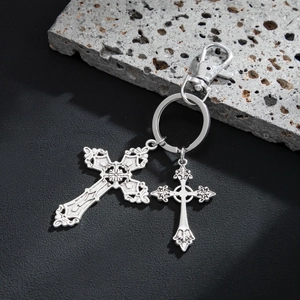 Hip hop silver cross keychain with gothic charms and lobster clasp for men jeans