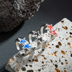 Hip hop adjustable pentagram rings with colorful enamel oil drip in red blue and black