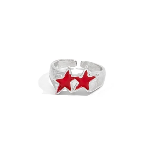 Punk style silver open ring featuring two red pentagram stars on a white background