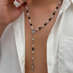 Men's hip hop silver iced out ball chain necklace with a religious cross pendant