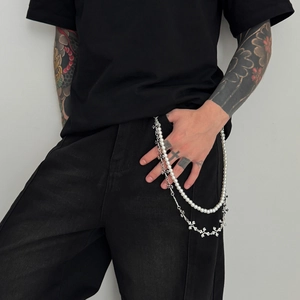 Hip hop double layer trouser chain with white pearls and silver metal cross pendants