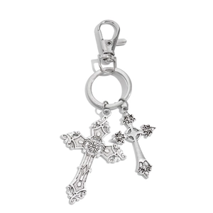 Vintage silver gothic cross keychain with intricate carved pendants and lobster clasp for men