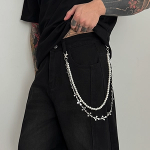 Layered Gothic Cross Metal Pant Chain Imitation Artificial Pearl Waist Chain Hip Hop Streetwear Jeans Accessory For Men Women Decor