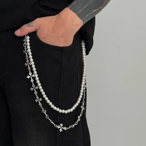 Hip-hop style layered jeans waist chain with silver crosses and white pearls for men
