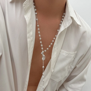 Hip hop silver chain necklace with crystal beads and religious cross pendant for men