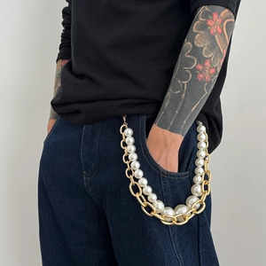 Chaîne de Pantalon Hip Hop Homme Avec Grosses Künstliche Perles Métal Or Streetwear Double Couche Accessoires Jeans Denim