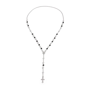 Hip hop silver chain necklace with black beads and hollowed-out cross pendant for men