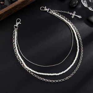 Chaîne de taille punk multicouche en métal argenté avec perles et pendentif croix