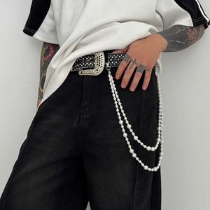 Chaîne de pantalon double couche en perles avec fermoirs mousquetons argentés tendance