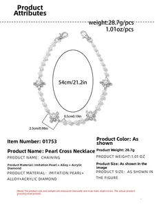 Detail of pearl cross pants chain showing 54cm length and 28.7g weight specifications