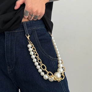 Chaîne de pantalon hip hop à double couche avec perles blanches et maillons en métal doré