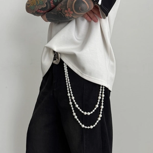 Chaîne de Pantalon en Imitation Künstliche Perle Double Couche Avec Fermoir Mousqueton en Alliage Chaîne de Taille Hip Hop pour Décoration Jeans