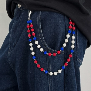 Hip hop double-layer pants chain with red white blue rhinestone balls on blue jeans