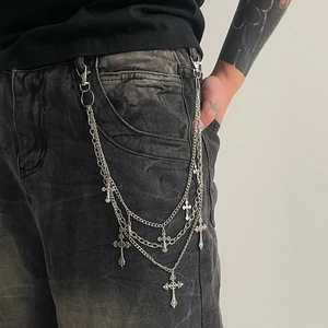 Men's Hip Hop Multi Layer Cross Pendant Pants Chain Silver Metal Jeans Waist Chain Gothic Punk Streetwear Jewelry Accessory