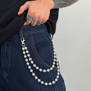 Men Hip Hop Double Layer Pants Chain Alloy Colorful Rhinestone Ball Waist Chain For Jeans Streetwear Fashion Jewelry