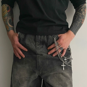 Three-layer silver metal pants chain with gothic cross pendants for hip hop street fashion