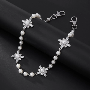 Hip hop pearl trousers chain with sparkling crystal cross pendants and lobster clasps