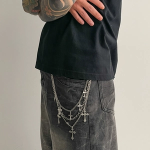 Punk style multi-layer metal trousers chain with silver cross pendants for men
