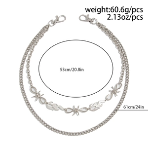 Detailed view of punk cross pants chain with flame elements and size specifications