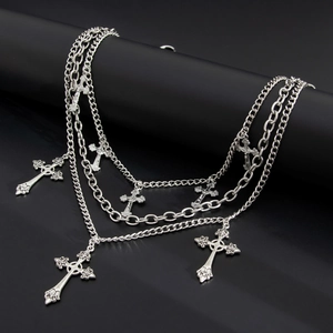 Multi-layer silver metal cross pendant chain with gothic punk style on black background