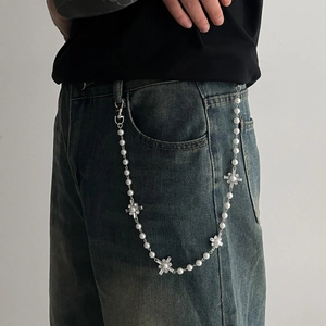 Hip Hop Men Artificial Pearl Cross Pants Chain Alloy Rhinestone Inlaid Waist Chain For Denim Jeans Y2K Streetwear Fashion Accessory