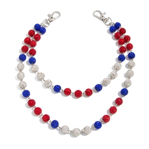 Hip hop double-layer pants chain with red, white and blue rhinestone beads and metal clasps