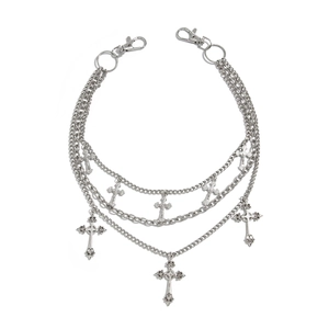 Three-layer silver metal pants chain with cross pendants and lobster clasps for men