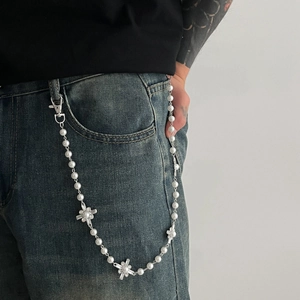 Hip-hop style trousers chain featuring white pearls and sparkling rhinestone crosses