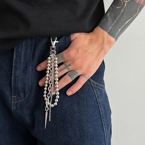 Men's hip-hop punk multi-layer silver metal pants chain with beads and rivets on jeans