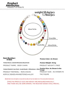 Detailed view of triple-layered silver pant chain with colorful rhinestone beads and dimensions